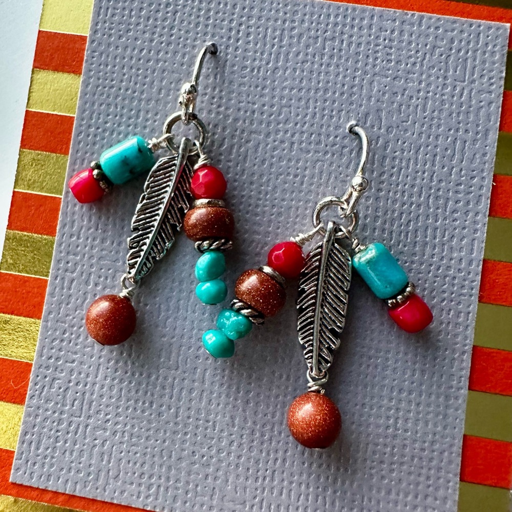 Silver Feather Earrings with Red and Turquoise Beads